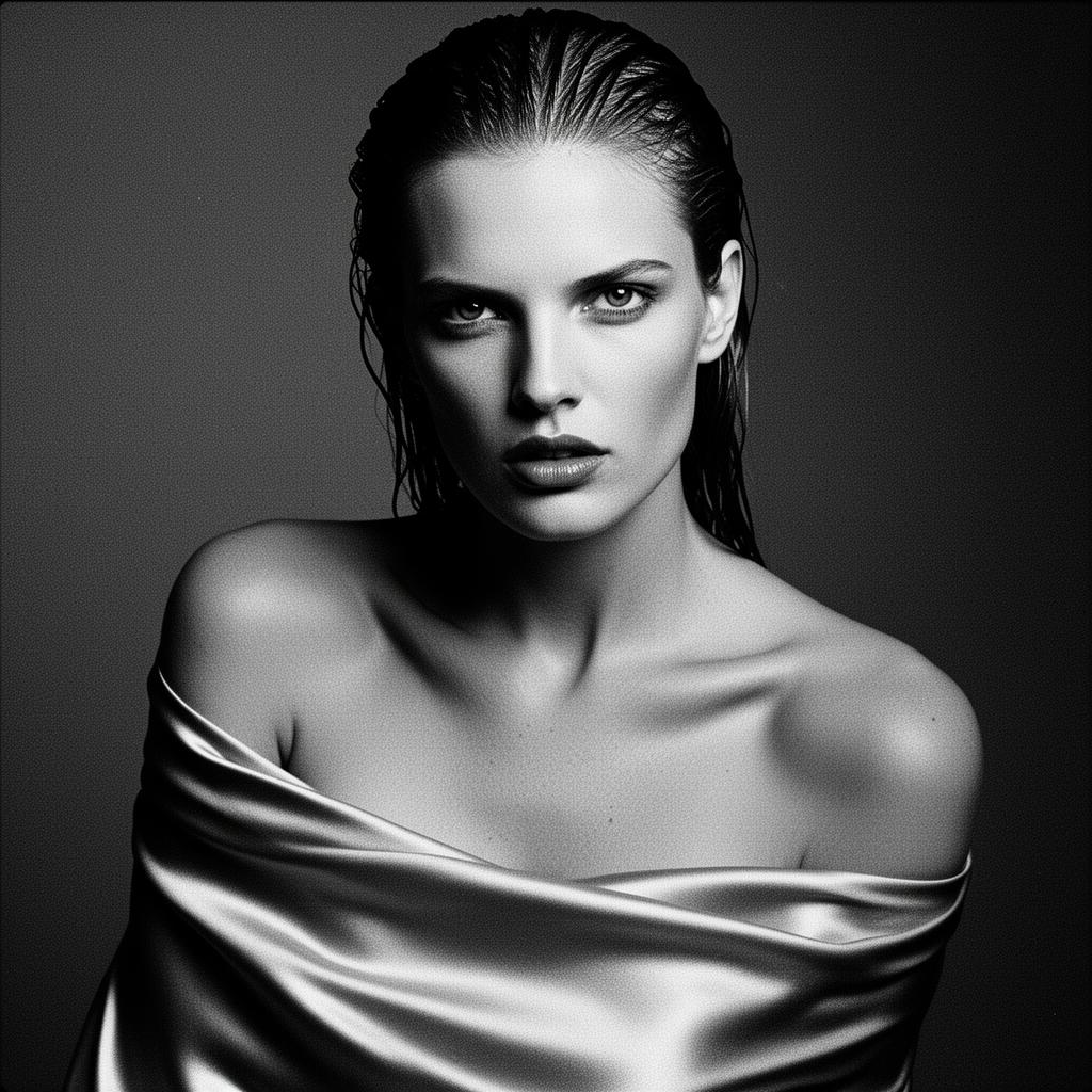 Wet hair, satin sheet, dramatic chiaroscuro, B&W