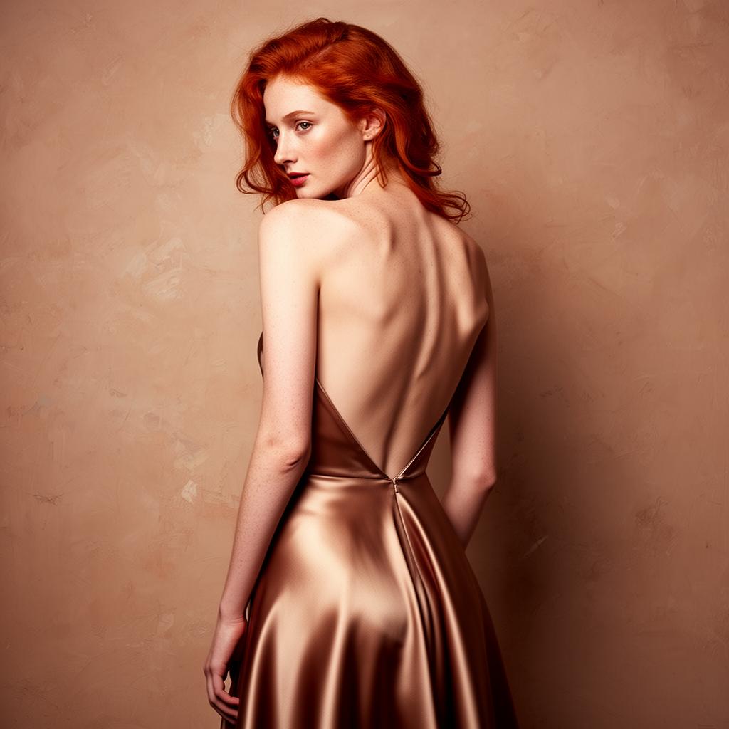 Backless silk gown, redhead, painterly clay wall
